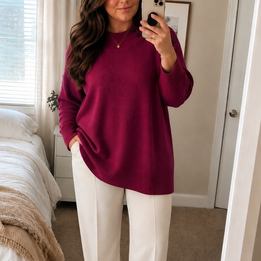 Talbots Sweater Size 1X Burgundy Button Mock Neck Preppy Classic Soft Cozy